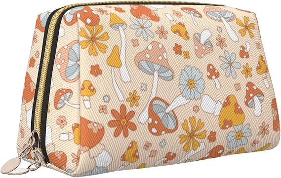 Boho Retro 70s 60s Hippie Mushrooms Large Travel Makeup Bag
