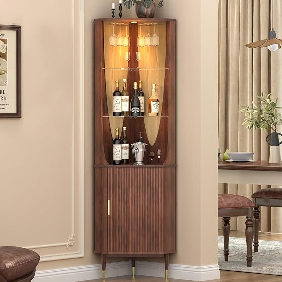 JOINICE, 70" Tall Corner Bar Cabinet with Glass Shelves, Mid Century Modern Cabinet with Door & Lighting, Space Saver for Living Room, Bedroom,Dining Room, Kitchen (Dark Walnut)
