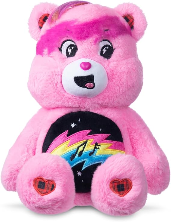 Basic Fun Care Bears 22cm Rock Theme Plush – Cheer Bear Eco-Friendly Soft Toy with Lightning Belly Badge – Collectible Plush for Kids & Fans, Pink, 35.56 cm