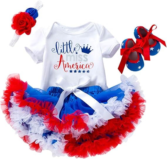 4th of July Baby Girl Birthday Outfit American Flag Romper+Ruffle Tulle Skirt+Headband+Shoes Independence Day 4pcs Set
