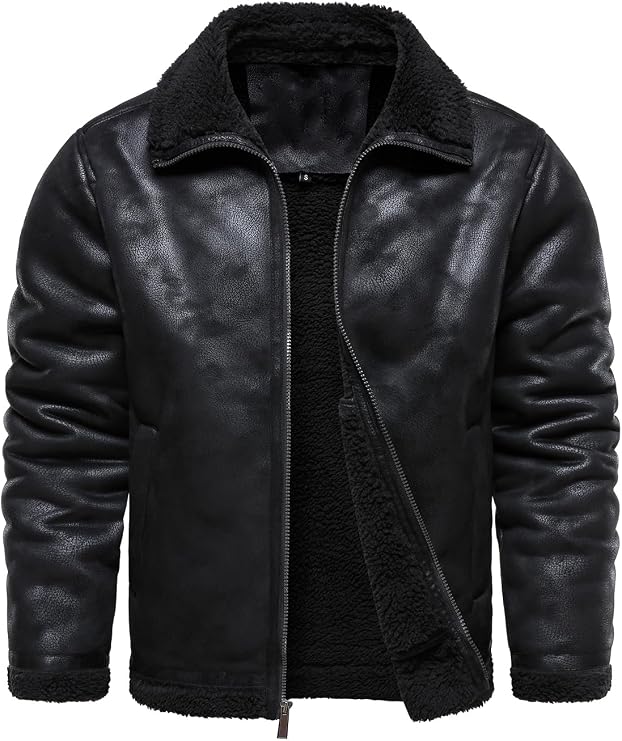 HOOD CREW Mens Vintage Faux Shearling Leather Bomber Jackets