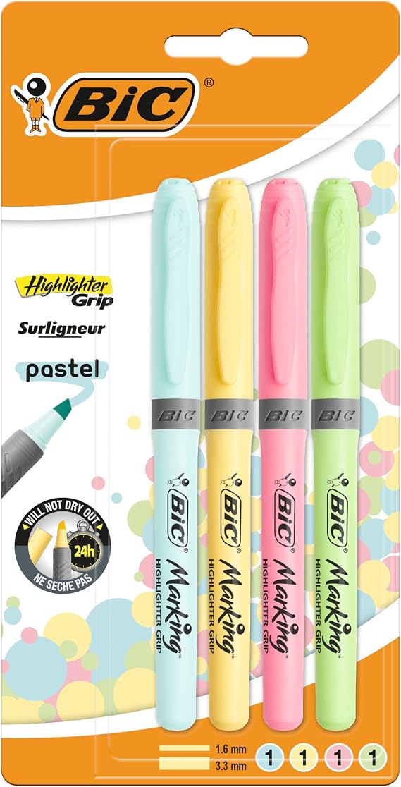 BIC Pastel fosforlu kalem, 4 farklı pastel renkte, çizgi kalınlığı: 1,6 mm – 3,3 mm, kuruma korumalı, renkli