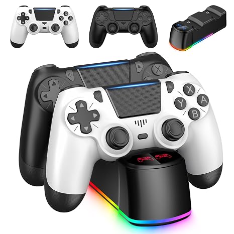 ewnol 2 Pack Controllers with Charging Dock Station for PS4 Controller, Wireless Controller Compatible with PS4/Pro/Slim Consoles, with LED Charging Dock, Black & White