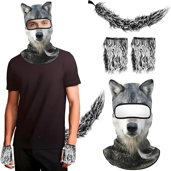 Yi-gog 4PCS Wolf Costume Set Grey Wolf Ears Balaclava Gloves Tails Dress-Up Accessory Kit Women Men Cosplay Party