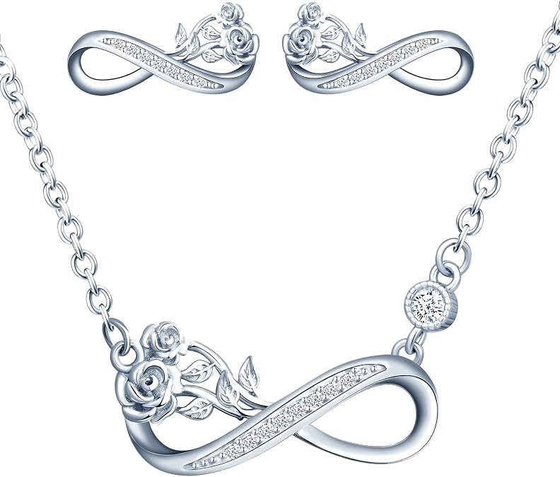 Yumilok Jewelry Sets Rose Infinity Necklace Earrings Set 925 Sterling Silver Women's Necklace Stud Earrings Flower Pendant Necklace Birthday Anniversary Christmas Gift for Women Her Friend Mom