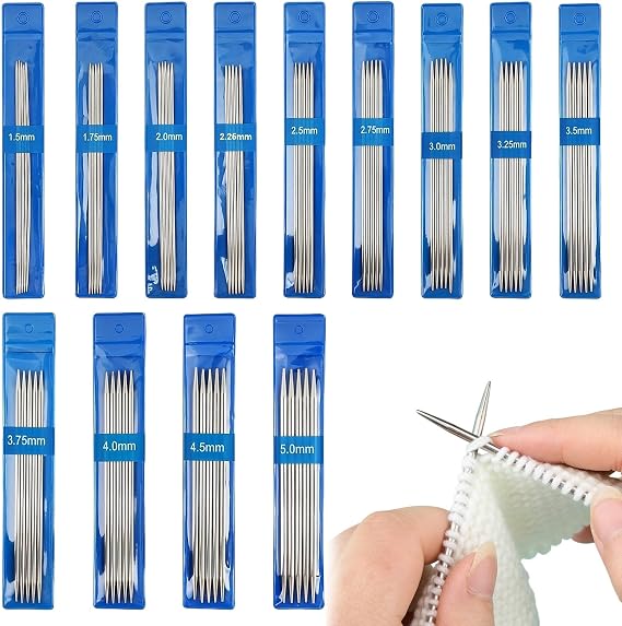 65 Pcs Double Pointed Knitting Needles Set,1.5-5.0mm Short Double Ended Knitting Needles for Sock,15cm Metal Straight Ne edles Starter Kit for Beginner,Metal K nitting Ne edles Pins Set