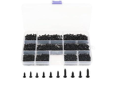 LBY 1000pcs M1.4 M1.7 M2 M2.3 Round Pan Head Self-Tapping Screws Assortment Kit, Sheetmetal, Electronic Screws, Mini Wood Screws, 10 Sizes, Carbon Steel (Black)