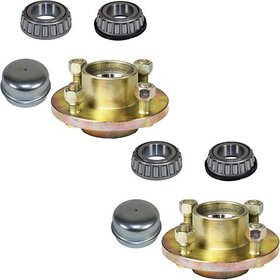 AB Tools Pair of Trailer Cast Wheel Hub 100mm PCD 1" Taper Bearing 4 Studs Nuts + Caps
