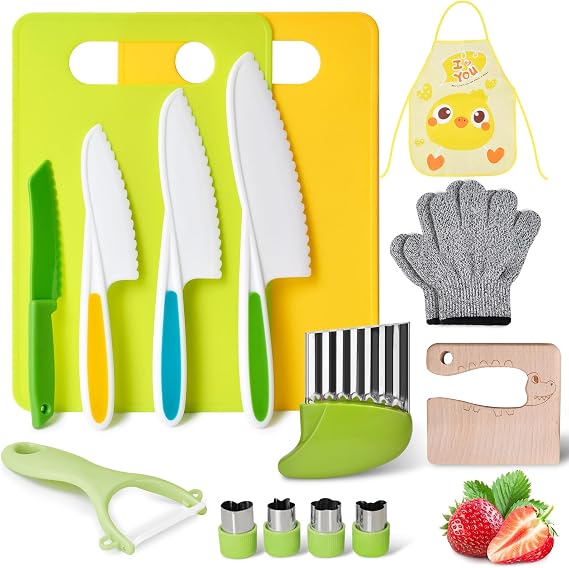 15PCS Montessori Kitchen Toys for Toddlers: Stocking Stuffers for Kids | Kids Safe Cooking Sets Real Knife Set for Real Cooking - Easter Basket Stuffers Christmas Birthday Gifts for Boy Girl