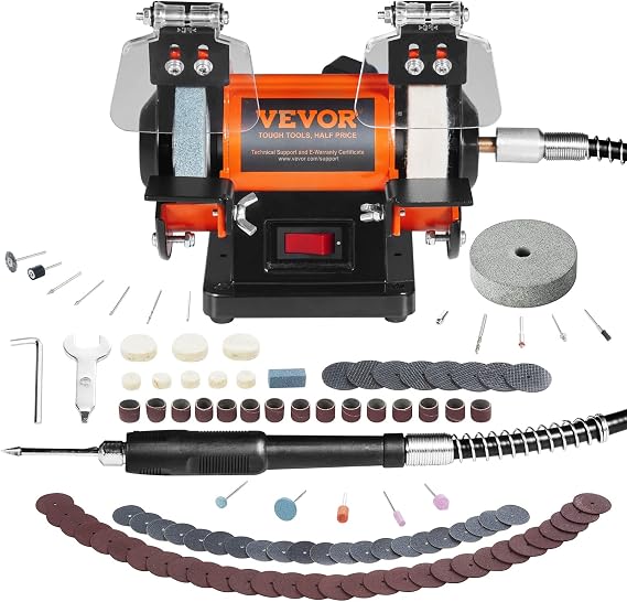 VEVOR Bench Buffer Polisher, Bench Buffer Grinder Polishing & Buffing Machine for Metal/Jewelry/Wood/Jade/Plastic/Silver DIY, with Wool/Abrasive Fiber Wheel/Grinding Wheel,100pcs Tools, 3590RPM | For Metal/Jewelry/Wood/Jade/Plastic/Silver DIY, with Wool/Abrasive Fiber Wheel/Grinding Wheel, 100pcs Tools, 3590RPM Speed