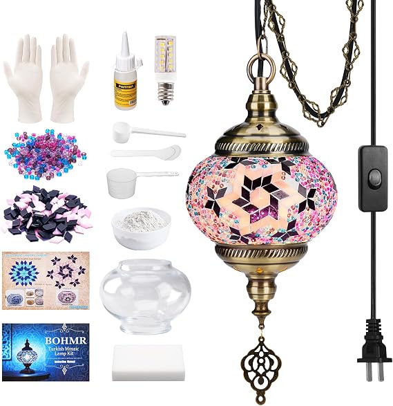 DIY Turkish Mosaic Lamp Kit, 5.2" D Plug-in Pendant Light, Purple