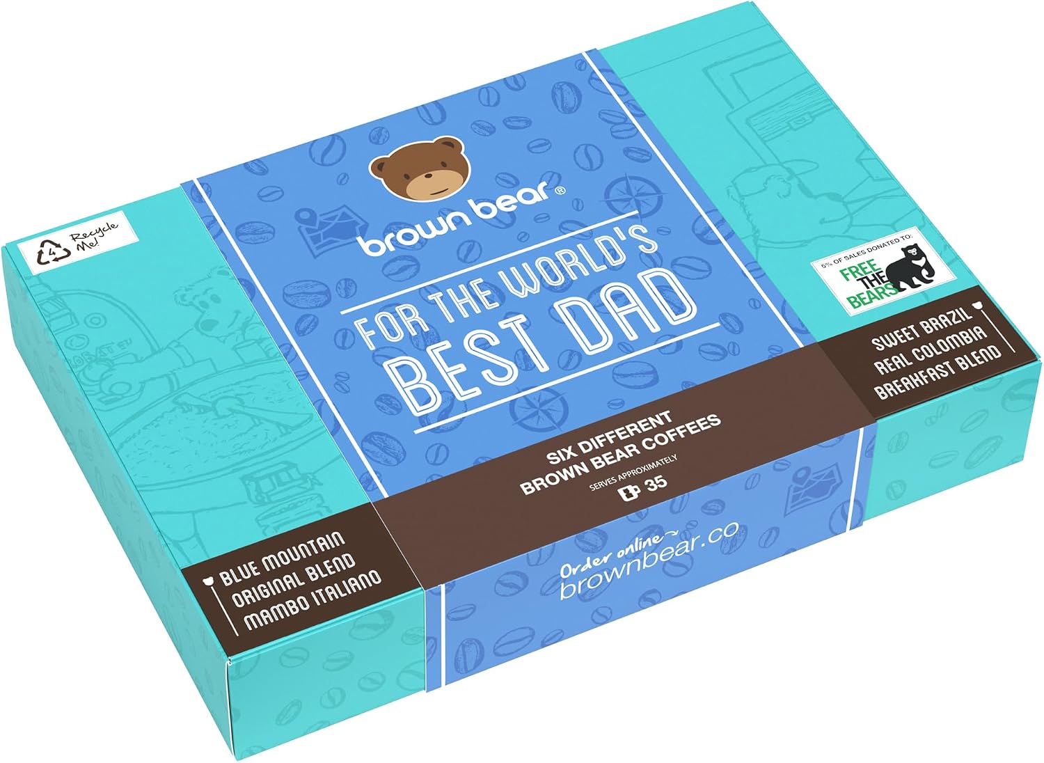 Best Dad Coffee Beans Gift - For The World's Best Dad - 6 Blends in 1 Pack - Light Medium Dark Roast - Brown Bear - All Coffee Machines - Strength 3 4 5 - Father's Day Birthday Christmas Xmas