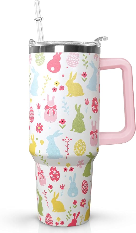 Ceovfoi 40 oz Easter Bunny Tumbler with Handle & Straw, Vacuum Insulated Stainless Steel Water Bottle, Easter Eggs Floral Travel Mug, Easter Gifts for Women, Spring Holiday Tumbler for Car Cup Holder