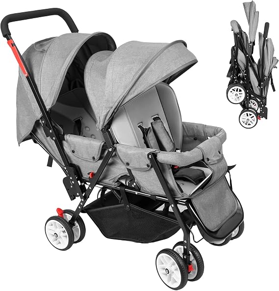 Portable Lightweight Foldable Twin Pushchair Double Stroller Tandem Buggy