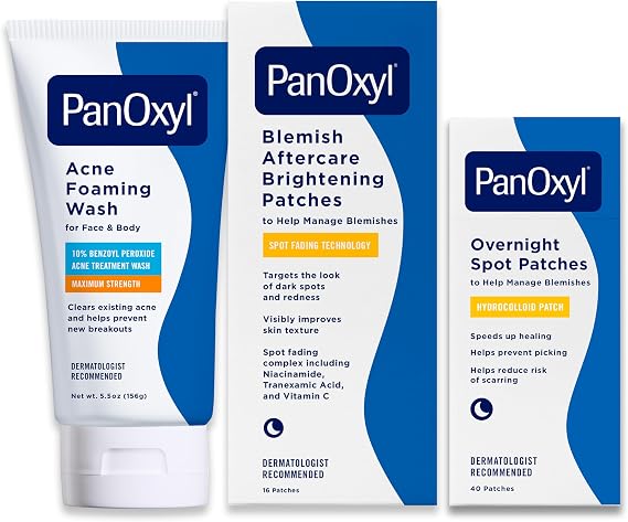 PanOxyl Pimple Patch Bundle - Acne Foaming Wash Benzoyl Peroxide 10%, PM Overnight Spot Patches & Blemish Brightening Patches