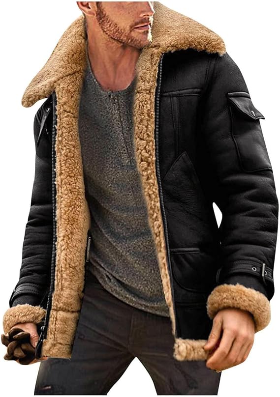 Mens Suede Leather Jacket Lapel Sherpa Fleece Lined Thicken Coat Faux Fur Flight Bomber Jacket Vintage Winter Coats