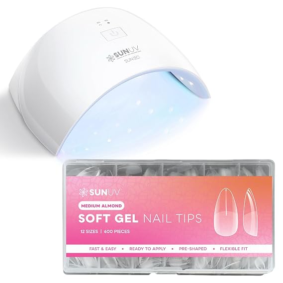 SUNUV SUN9C Blue UV LED Nail Lamp 48W, 600 PCS Medium Almond Gel Nail Tips