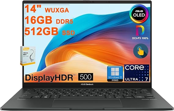 ASUS Zenbook 14 OLED Laptop | 14" WUXGA Lumina OLED Touch (100% DCI-P3, 500nits HDR) | Intel 16-core Ultra 7 255H (Up to 13 Tops) | 16GB DDR5 512GB SSD | Backlit Win11Pro w/DLCA Accessory