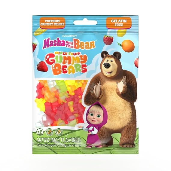 Bubblegum Kids Gelatin-Free Sour Gummy Bears Candy | Stocking Stuffers, Holiday Candy | Masha and the Bear | Vegan, Tangy Sour Mixed Fruit Flavors | Chewy Snack for Kids | 120g Bag