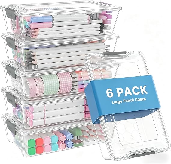 Sooez 6 Pack Pencil Boxes, New Extra Large Pencil Case, Plastic Crayon Pen Box, Clear Marker Organizer Craft Storage, Plastic Containers with Lids, Stackable Art Storage Box for School Supplies, Grey