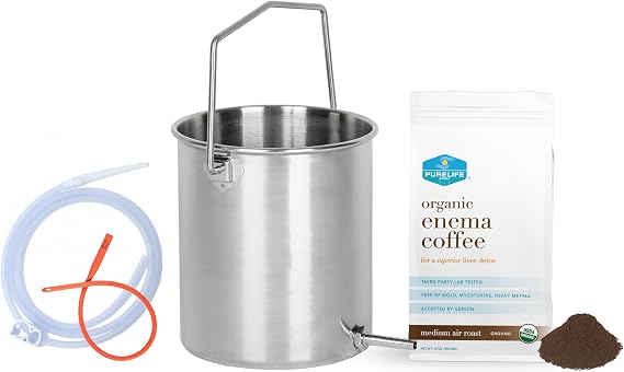 Purelife Coffee Enema Kit- 304 Stainless Steel- Lab Tested Organic Enema Coffee & Bucket- Silicone Enema Hose- 1 Lb Bag
