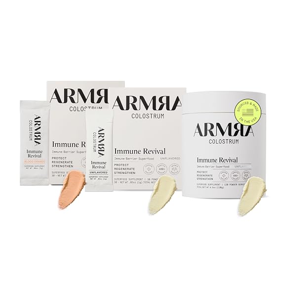 ARMRA ColostrumTM Premium Powder, Grass Fed, Gut Health Bloating Immunity Skin & Hair, Contains 400+ Bioactive Nutrients, Keto, Gluten & Fat Free (Blood Orange, Unflavored Bundle | 180 Servings)