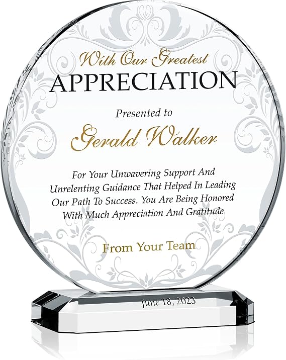Custom Crystal Appreciation Plaque Personalized Thank You Gift for Manager, Mentor, Boss, Coach, or Team Leader (M - 6.5")