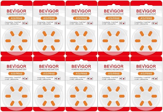 BEVIGOR Hearing Aid Batteries Size 13, Mercury Free (60 Count), Zinc Air Batteries, Easy to Open and Carry, 1.45V, Long Lasting Batteries