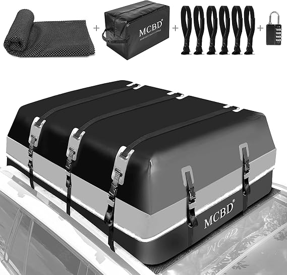 Car Roof Bag, 21 Cubic Feet Large Soft-Shell Waterproof Travel Cargo Carrier Luggage Box for All Vehicles SUV with/Without Racks, Includes 10 Reinforced Straps + 6 Door Hooks, Gray