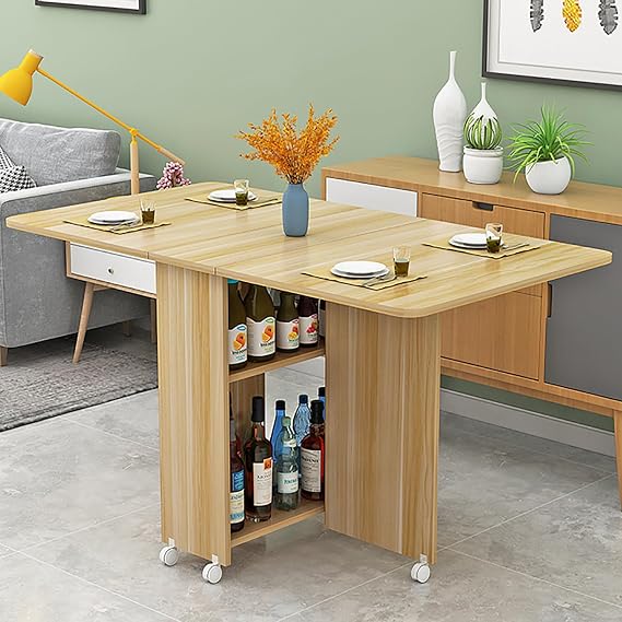 Extendable Drop Leaf Folding Dining Table,Modern Folding Table Drop Leaf Dining Table with 8 Wheels and 2-Layer Storage Shelf,Multifunction Expandable Table for Kitchen,Bedroom,Living Room (Color
