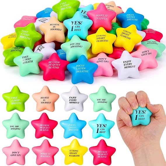 Sotiff 100 Pack Star Stress Balls Bulk for Adults Kids Stress Relief Balls with Motivational Quotes Mini Inspirational Foam Squeeze Gifts Party Favors Toys for Anger Fidget Relief(Fresh Colors)