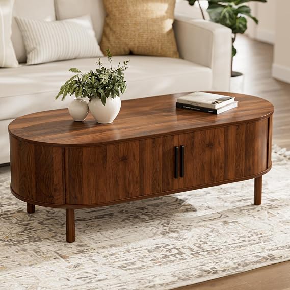 ZttRiee Oval Coffee Table with Sliding Doors, Mid-Century, Walnut