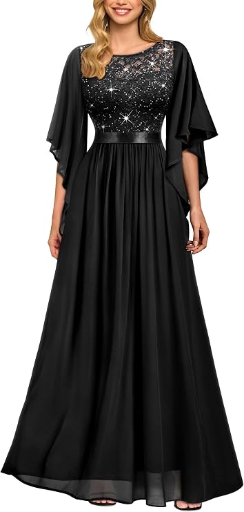 Miusol Women's Elegant Sequin Lace Contrast Chiffon Bridesmaid Party Dress