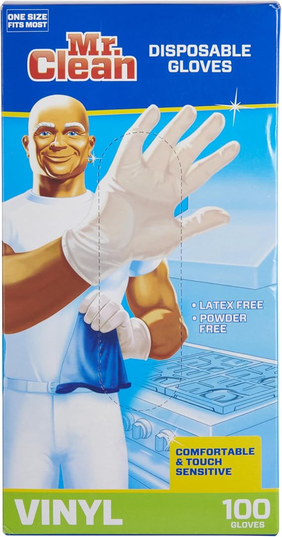 Mr Clean Vinyl Gloves Disposable Single Use Latex Powder & BPA-Free with Beaded Cuff Construction Touch Sensitivity & Dexterity for Flexible Fit One Size Fits Most, 100-Count