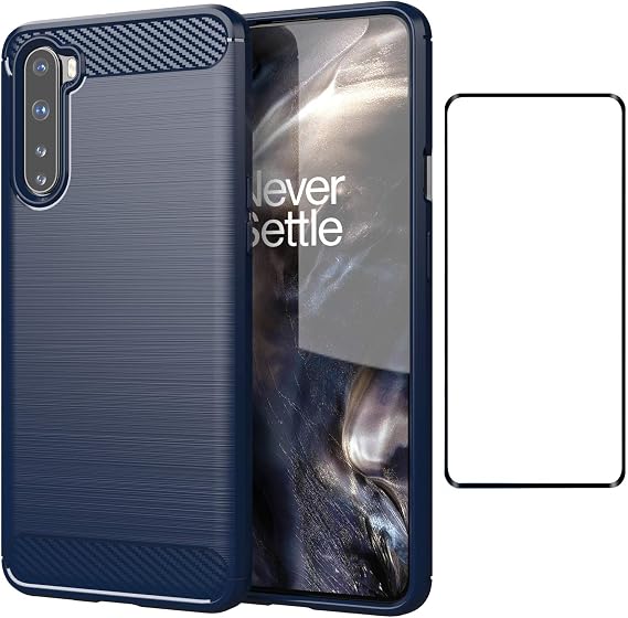 Asuwish Compatible with Oneplus Nord Case and Tempered Glass Screen Protector Cell Accessories Slim Silicone Phone Covers for One Plus On 1 Plus 1plus One+ 1+ 1+Nord Women Men Carbon Fiber Navy Blue