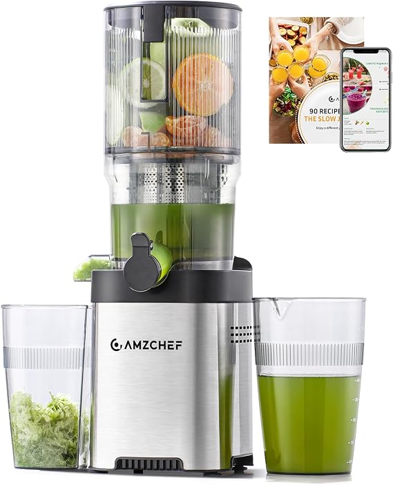 AMZCHEF Cold Press Juicer, 5.2" Whole Fruit Self-Feeding Slow Juicer