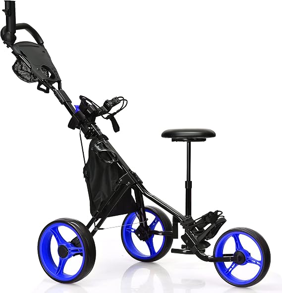 GYMAX Foldable 3-Wheel Height Adjustable Lightweight Golf Caddy Cart with Umbrella Holder, Hydraulic Seat, Storage Bag & Cup Holder