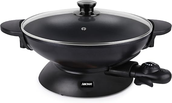 Aroma Housewares AEW-306 Electric Wok with Tempered Glass Lid Easy Clean Nonstick, Cooking Chopsticks, Tempura and Steaming Racks, Professional Model, Black
