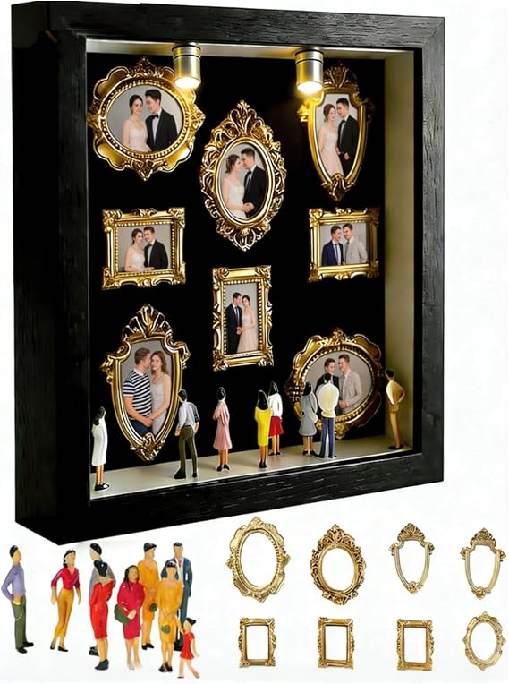 DIY Mini Museum Silhouette Box, Shadow Box Frame Display Case, Personalized Photo Shadow Boxes Display with 7pcs Mini Museum Figurines & 8pcs Mini Gold Frames, Valentine's Day Gifts for Him & Her