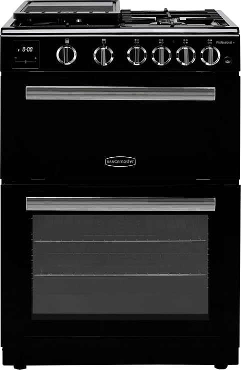 Rangemaster Professional Plus 60 PROPL60NGFBL/C 60cm wide Double Oven Gas Cooker with Full Width Electric Grill - Black/Chrome - A+/A Rated