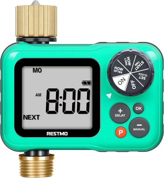 RESTMO Sprinkler Timer with Brass Inlet & Outlet, 3 Separate Programs Hose Timer, Programmable Water Timer for Garden Hose, Manual | Rain Delay | Automatic Watering System for Drip Irrigation and Lawn