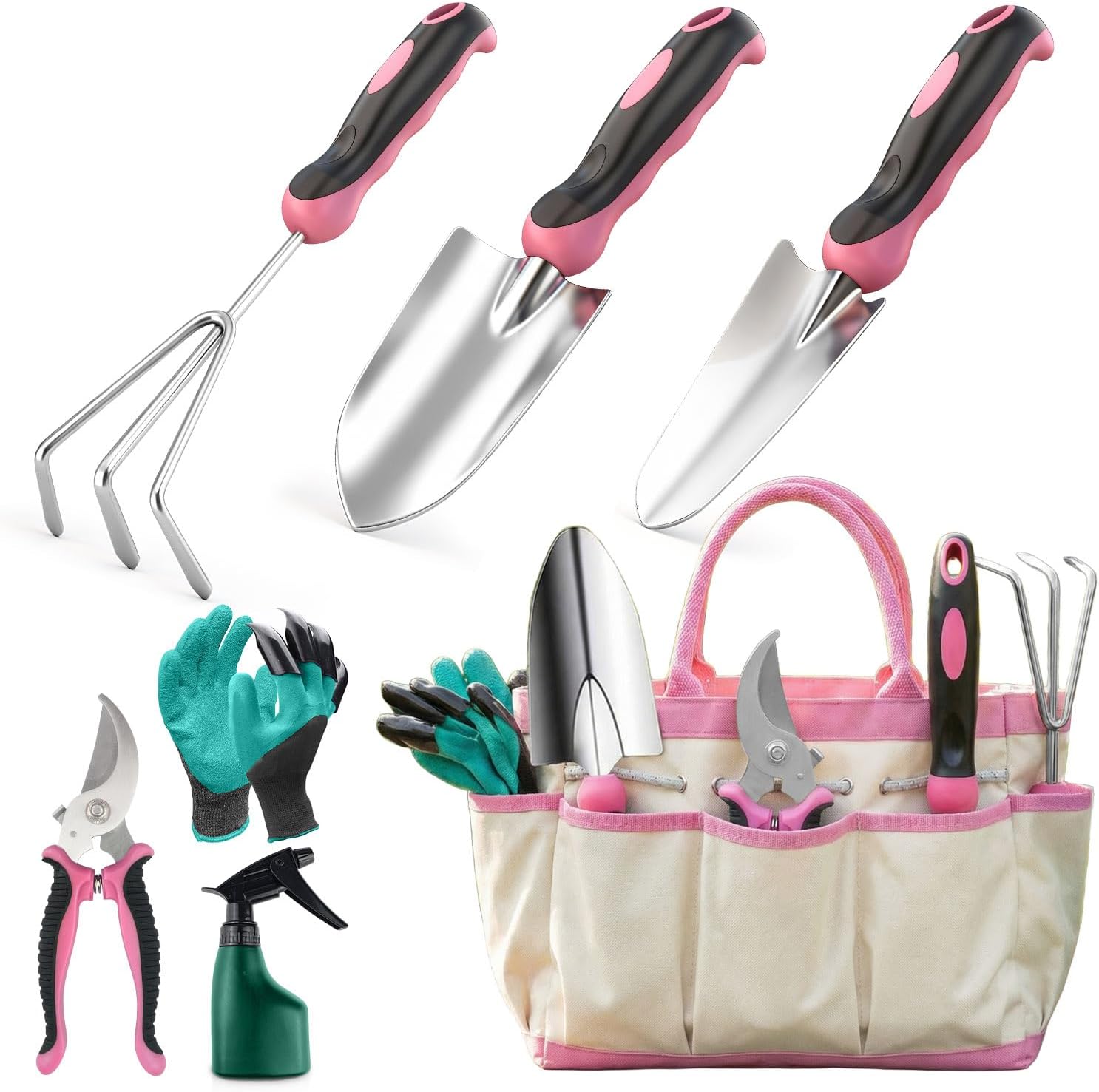 Garden Tools Set 7 Pack, Stainless Steel Gardening Set, Heavy-Duty Gardening Kit with Durable Storage Tote Bag, Non-Slip, Ergonomic Handles, Rust Proof, Gardening Gifts for Women Men, Pink