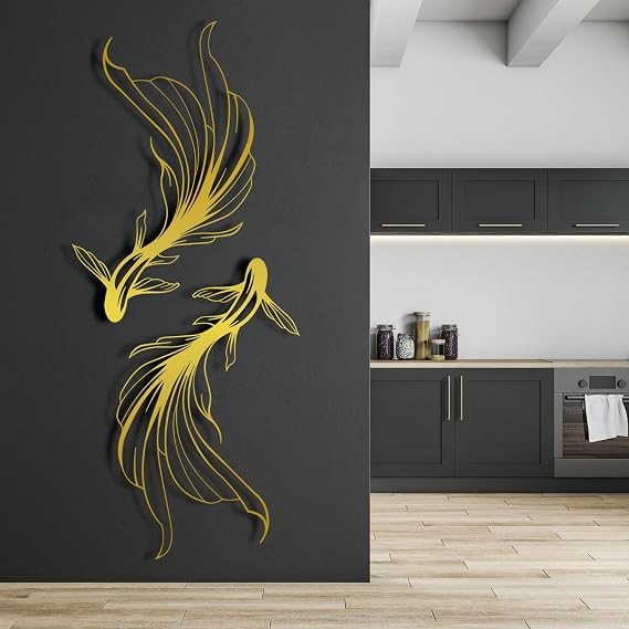 ICEWQOQU Koi Metal Wall Art Set of 2, Metal Fish Wall Decor, Koi Fish Decor, Yin Yang Wall Art, Feng Shui Iron Fish Art for Living Room, Bathroom (Each Panel: 26 x 16/65 x 40 cm, gold)