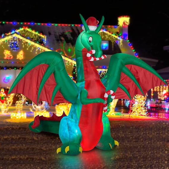 BLOWOUT FUN 8ft Inflatable Christmas Dragon with Candy Disco LED Lights, Weather Resistant, Stable, Green, Multicolor LED, Outdoor Holiday Art Decor