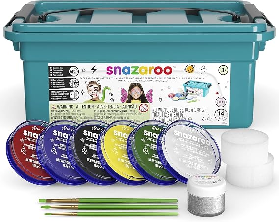 Snazaroo Face Paint Starter Kit w/ Carrying Case, 14 Piece Set, 6 Colors | Non-Toxic Hypoallergenic, Safe, Washable, Face & Body Paint for Halloween, Cosplay Costumes, Dress Up, Parties and Festivals
