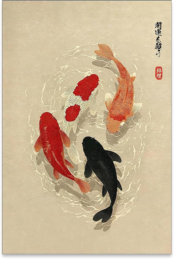 WIUHIO Japanese Koi Fish Canvas Poster Trendy Animal Aesthetic Wall Art Asian Minimalist Prints Vintage Oriental Wall Decor for Living Room Bedroom Dorm 16x24 inch Unframed