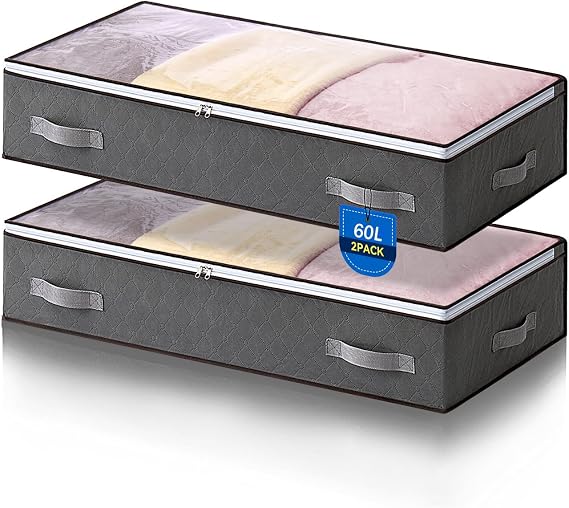 AIOR 2PCS 60L Underbed Storage Bags with Viewing Window, Foldable Container Closet Organizer Bags for Clothes, Comforters, Blankets, Bedding, 80 x 50 x 15 cm