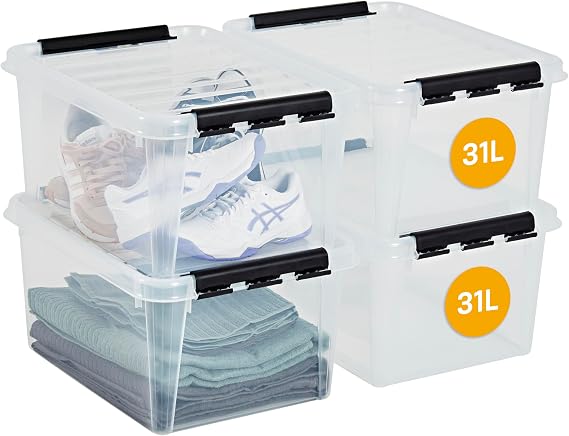 SmartStore 31L Clear Plastic Storage Boxes, 4 Pack, Reinforced, Food Safe, Clip Locked, Stackable and Nestable, BPA Free L50 x W39 x H26 cm