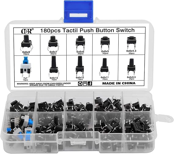 180Pcs Tactile Push Button Switch Assortment Kit, 10 Values 6x6mm 4-Pin Micro Momentary Tact Switch Set