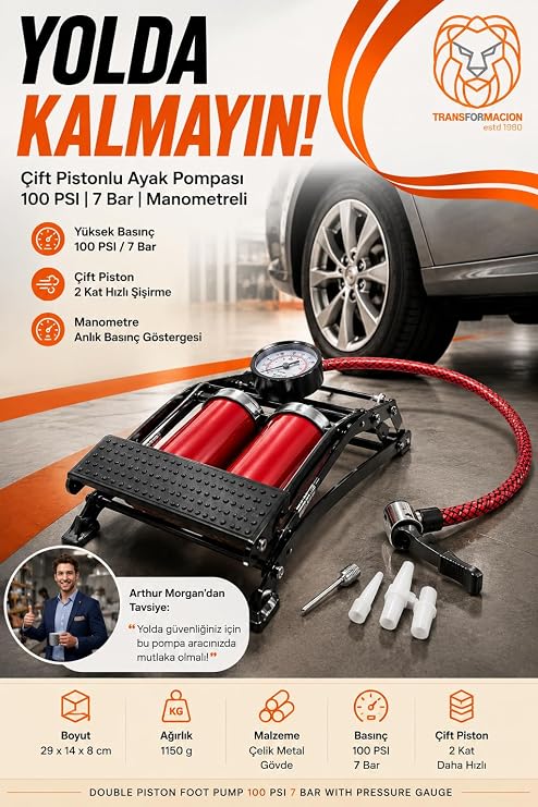 Transformacion Çift Pistonlu Ayak Pompası 100 PSI 7 Bar Manometreli Göstergeli Araba Bisiklet Lastik Şişirme Pompası 723603